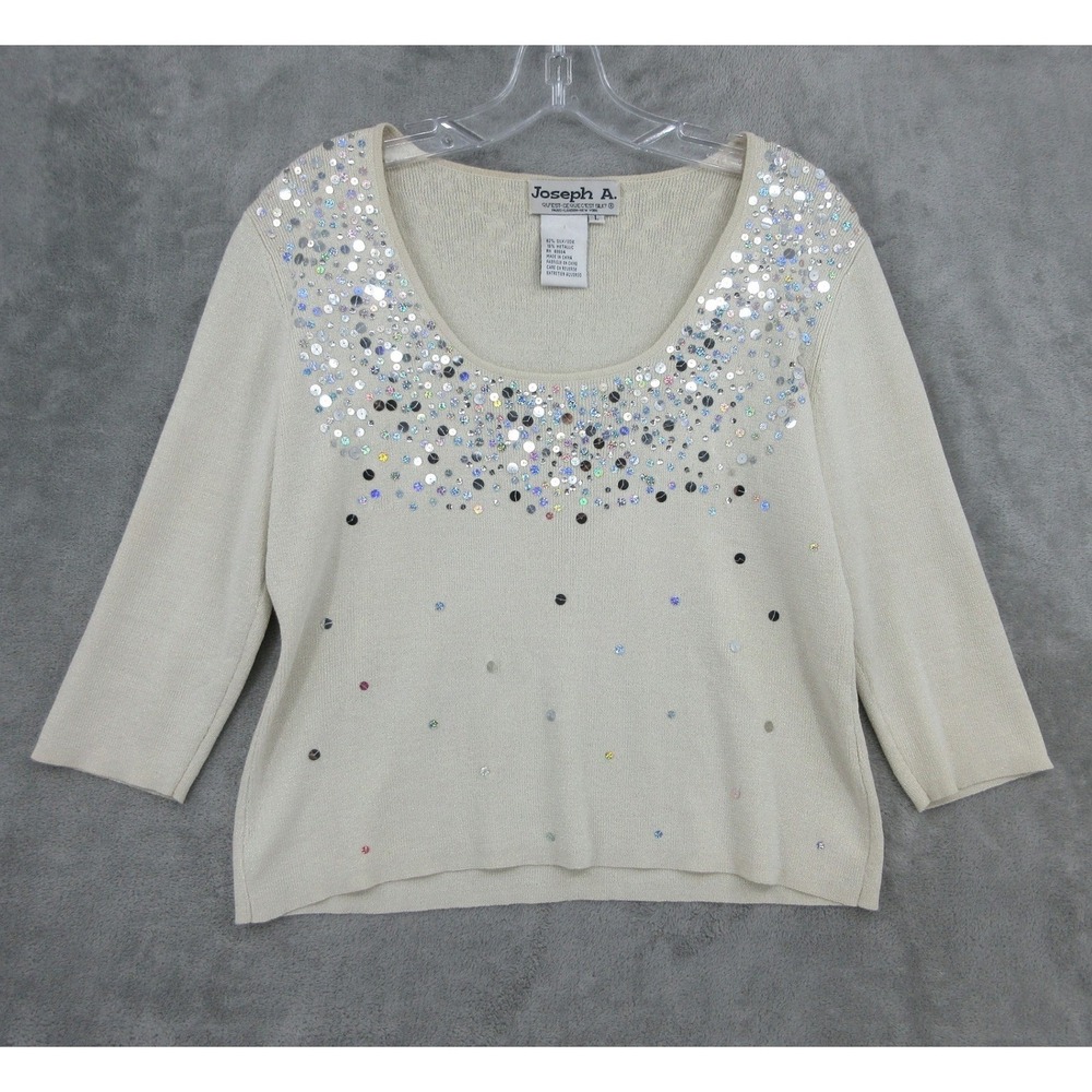 Joseph A Sweater Womens Large Sequin Silk Blend Fiary Bodycon Stretch Knit Ivory